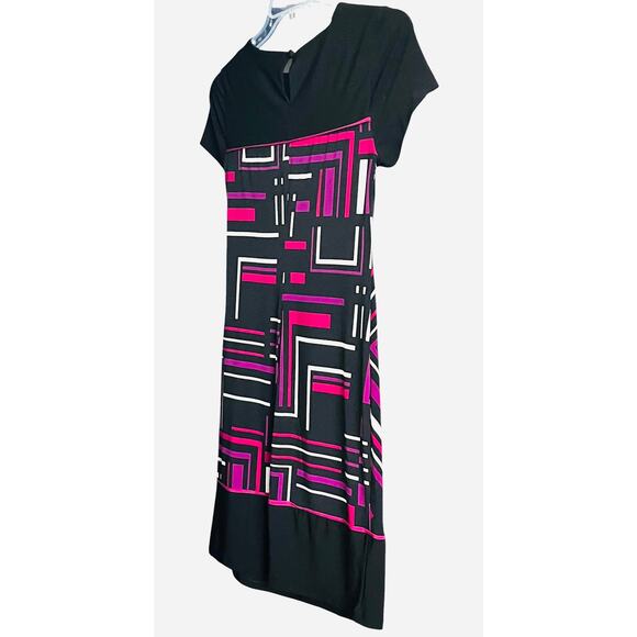 R&K CAP SLV ROUND NECK WAIST TIE, WOMENS, S, BLACK, PURPLE, WHITE GEO PATTERN - Picture 5 of 12